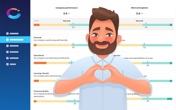 HR Manager holds up a love heart symbol in front of an engagement survey that measures company performance and work atsmosphere.