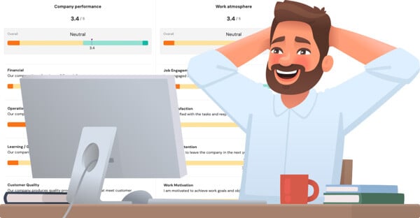 HR Manager leans back at their desk as they happily review the engagement survey that measured employee perception of company performance and work atmosphere.